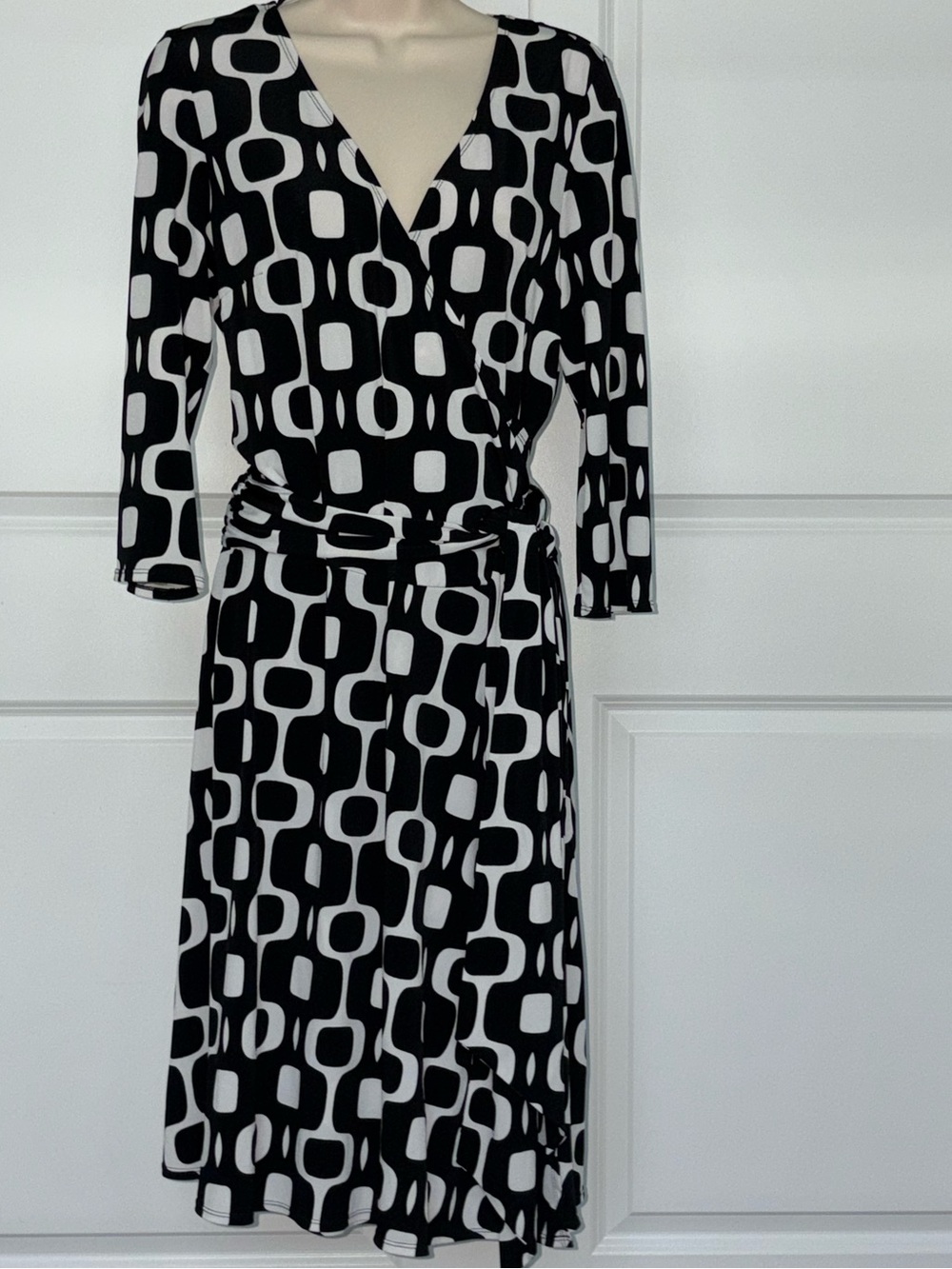AB Studio Black and White Geometric Wrap Dress